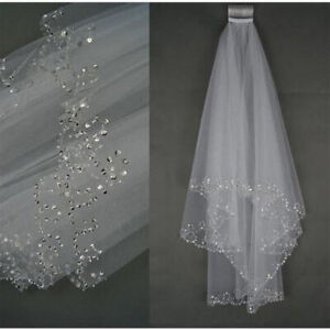 New 2 Layer White/Ivory Elbow Length Beads Edge Wedding Bridal Veil with Comb