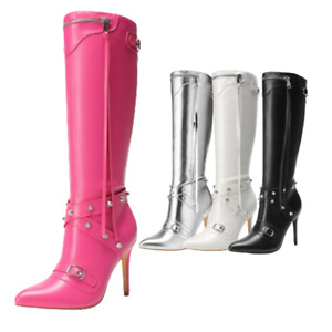 Women Knee High Boots Stilettos High Heel Pointed Toe Zipper Tassel Boots