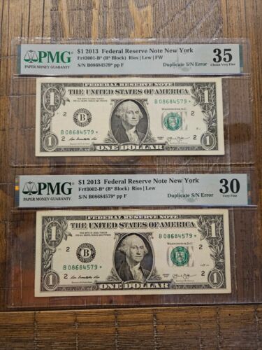 2013 B  Matched $1 Star Note Duplicated Serial # Error Matched Pair  PMG 35/30