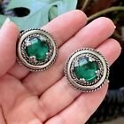 Vintage BARCS Silver TONE Emerald GREEN Glass CABOCHON Clip ON Earrings ~ SIGNED