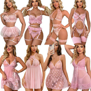 Sexy Women Lingerie Pink Lace Dress G-string Underwear Babydoll Sleepwear Gift