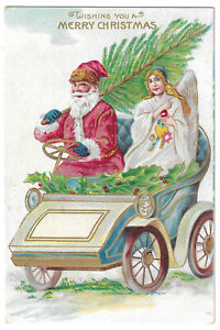 Postcard Christmas Santa Claus Driving Car with Angel