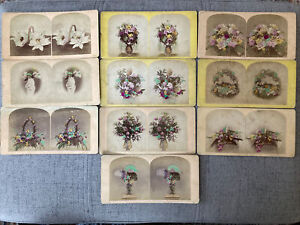 lot of 10 Early Still Life flowers tinted Stereoview late 1800’s