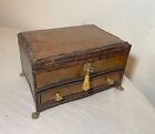 antique handmade Italian leather wrapped wood brass claw dresser jewelry box