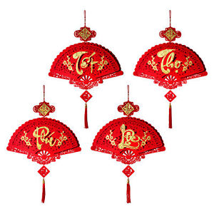 2024 Happy New Year Hanging Decoration Red Fan Shape Vietnamese Letters Ornament
