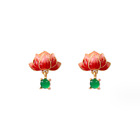 Jade Enamel Dangle Earrings Boho Lotus Flower Dainty Gemstone 18K Gold Plated