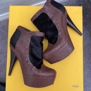 FENDI Boots women Size 38.  100% Authentic.  Brown Leather & Pony Hair