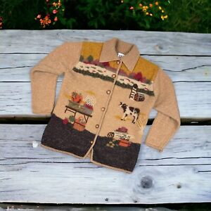 Vintage Sweater Cardigan Brown Button Up Wool M Cottagecore Rustic Cow Flower