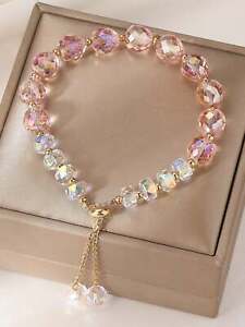 1pc Fashionable Pink Natural Crystal Pink Beaded Bracelet Women Bracelet