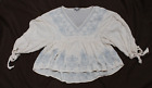 American Eagle Women's M Ivory w/Blue Embroidered Floral Pattern 3/4 Sleeve Top