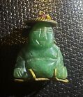 Vintage Jade Carved Buddha 14k Gold With Ruby on His Hat Pendant Rare Find