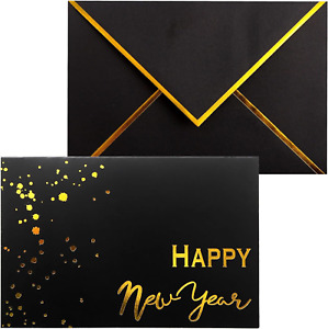 Happy New Year Cards, Heavy Duty 2024-24 PK Boxed with Envelopes, Black & Gold