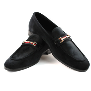 Men's Black Velvet Slip On Gold Buckle Dress Shoes Loafers Formal By AZARMAN