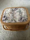 Vintage Large Wooden Sewing Box Basket With Contents Padded Top