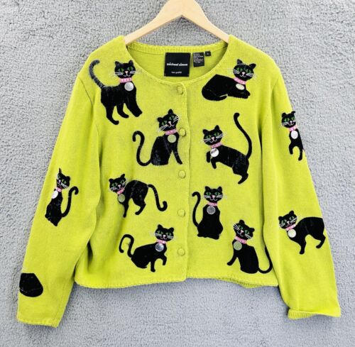Vintage Michael Simon Black Cats Cardigan Sweater Green Women’s Size XL