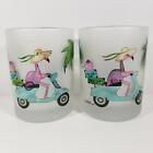 2 Culver Flamingo Old Fashioned Rock Glass Frosted Vespa Scooter Whiskey Tumbler