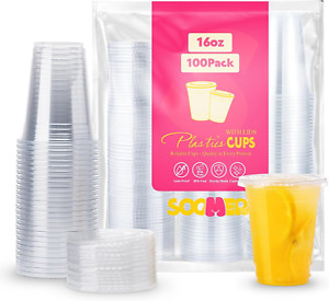 [100 Sets 16 Oz Clear Plastic Cups with Flat Lids, Disposable Cups for Iced Coff