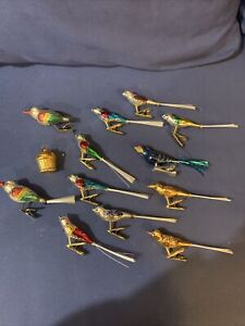 Vintage Bird Ornaments Mercury Glass Spun Tails Clips Original Germany Japan 12
