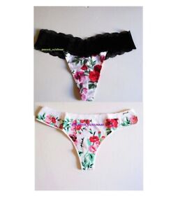 2 X PINK Victoria Secret Cotton Thong Panties SIZE XL White Floral New Lot of 2