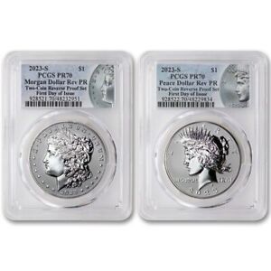 Set of 2 2023-S $1 Reverse Proof Silver Morgan/Peace Dollars PCGS PR70 FDOI