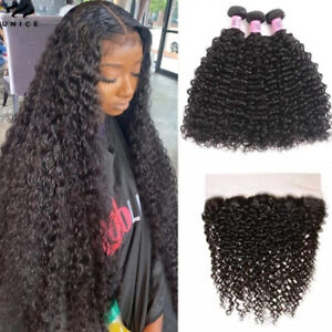 Indian Curly 3 Bundles with Lace Frontal Closure Human Hair Weaves Extensions US