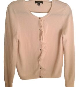 Ann Taylor 100% Cashmere Cream Button Up Ruffle Front Womens Cardigan Size Small