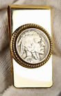 Vintage Buffalo Nickel Coin Money Clip Polished Metal Gold Tone Native Obverse