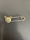 Vintage Goldtone Cat Safety Pin Brooch With Green Rhinestone Eyes