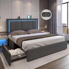 Queen LED Bed Frame w/Storage Drawers Modern Upholstered Platform Bed Dark Grey