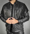 Men,s Leather Western Style Fringe Jacket/Black Lambskin Leather Festival Shirt