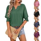 Women's Summer Loose Solid Color T-Shirt V Neck Half Puff Sleeve Casual Top Tees