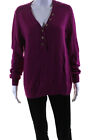 Tory Burch Womens Ribbed Knit V Neck Henley Sweater Magenta Size Large