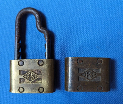 2 vtg brass Fraim Slaymaker padlocks, post bicycle style, no keys, 1 1/4