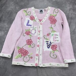 Storybook Knits Cardigan Women Small Pink Rose LOVE Ramie Cotton Sweater VTG