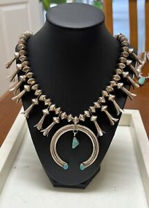 Old Pawn Sterling Silver Large Squash Blossom Native Navajo Necklace 23” 112G