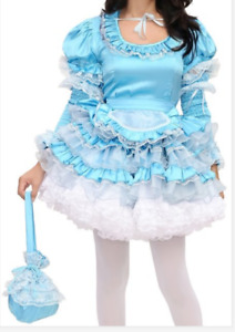Sissy girl maid Blue Satin lockable dress Cosplay Costume Tailor-made