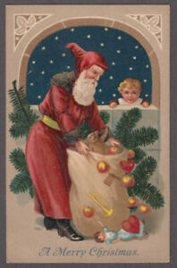 Santa Claus Christmas postcard c 1910 red coat fur trim boy eyes fruit from pack