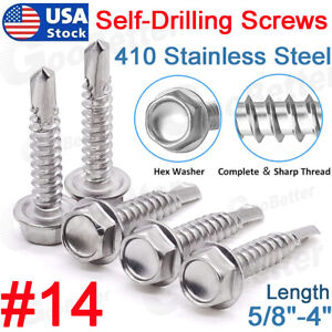 #14 Hex Washer Head Self Drilling Sheet Metal Tek Screws 410 Stainless Steel UNC