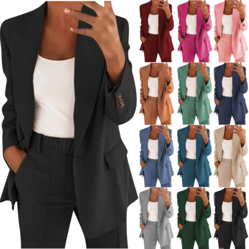 Womens 2-piece Suit Set Long Sleeve Suit Jacket Pants Casual Business Size S-5XL