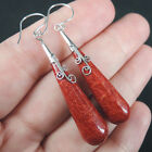 925 Sterling Silver Long Teardrop Natural Red Coral Earrings Jewelry, RCE-206