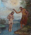 ANTIQUE  HAND PAINTED RUSSIAN ICON BAPTISM OF THE CHRIST SIGNED & DATED 1908 .