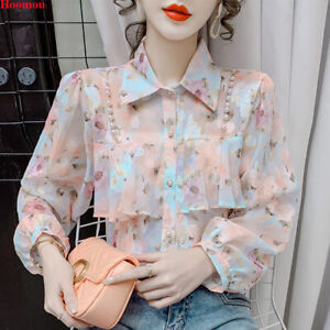 Korean Fashion Women Floral Chiffon Beaded Ruffle Loose Soft Blouse Tops Shirts