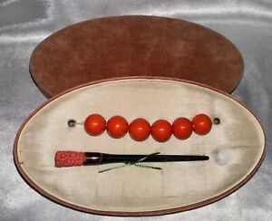 ANTIQUE GEISHA KANZASHI RED CORAL BEADS + CARVED HAIR PIN 1920-30s