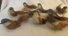 Lot of 9 Vintage Spun Cotton Blue & Brown Feathered Wired Birds NICE!