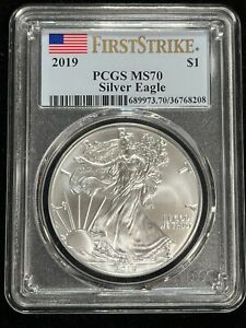 2019 SILVER EAGLES PCGS MS70  First Strike Flag Blue Label