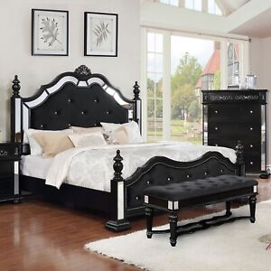 Traditional Formal Black 1pc Cal King Size bed Padded Tufted Floral HB Footboard