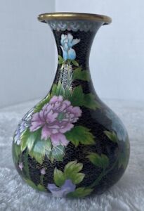 Vintage Chinese Floral Enamel Cloisonne Vase  7in w/ Butterflies