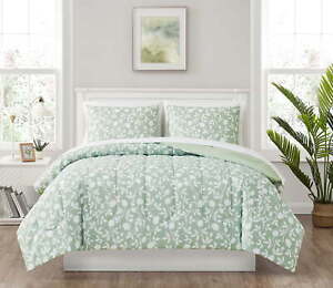 Green Floral Reversible 7-Piece Bed in a Bag Comforter Set with Sheets, Queen