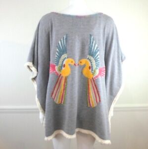 Judith March Gray Knit Poncho Womens L Embroidered Bird Fringe