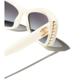 Chanel 5481H 1255/S6 Sunglasses Creamy White w/ Glass Pearls Gold CC Logo